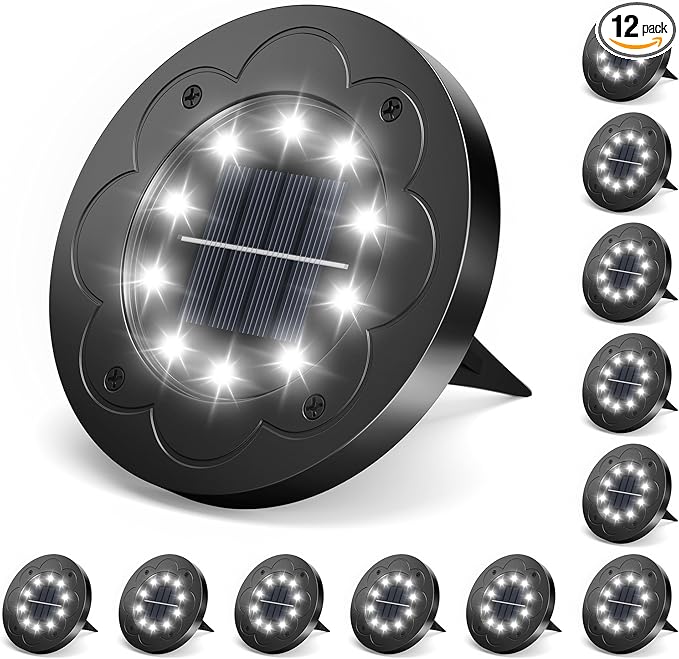 Brightown Solar Lights Outdoor Waterproof, 12 Packs LED In-Ground Solar Yard Lights for Yard, Patio, Garden, Lawn, Deck, Outside, Pathway, Driveway, Walkway, Sidewalk, Cold White