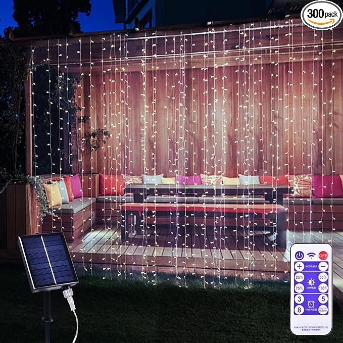300LED Solar Curtain Lights - Outdoor/Indoor Solar String Lights with 8 Modes & Waterproof Design for Home Garden Patent Decoration (Cold White)