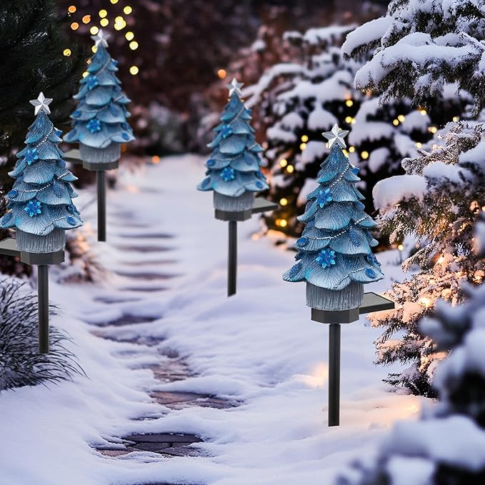 Dazzle Bright 2 Pack Solar Powered Fairy Garden Blue Christmas Tree Pathway Lights, Resin Walkway Lights Decorative Stakes Christmas Tree Figure Statue Decorations for Lawn Pathway Xmas Yard Gifts