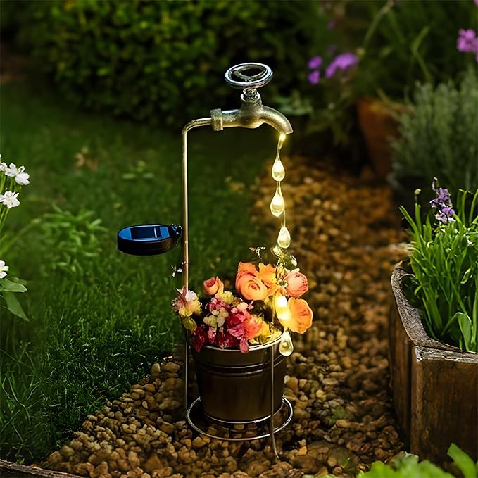 Solar Water Faucet Bucket Lights Outdoor Garden Decor, Waterproof Vintage Decorations with LED Light for Yard Lawn Patio Pathway