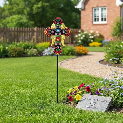 Solar Cross Lights with Angel Wings, Pink and Gold Floral Design, Memorial Garden Stake, Warm White LED, Weather Resistant, 36 Inch