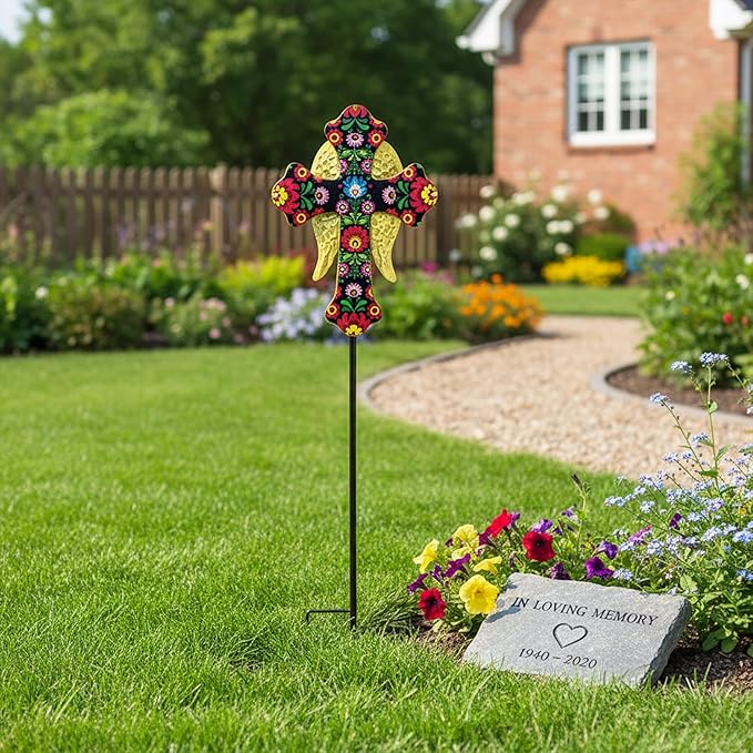 Solar Cross Lights with Angel Wings, Floral Design Outdoor Cemetery Decoration, Warm White LED Stake Light, Pink and Gold Glass Cross for Tombstone Memorial