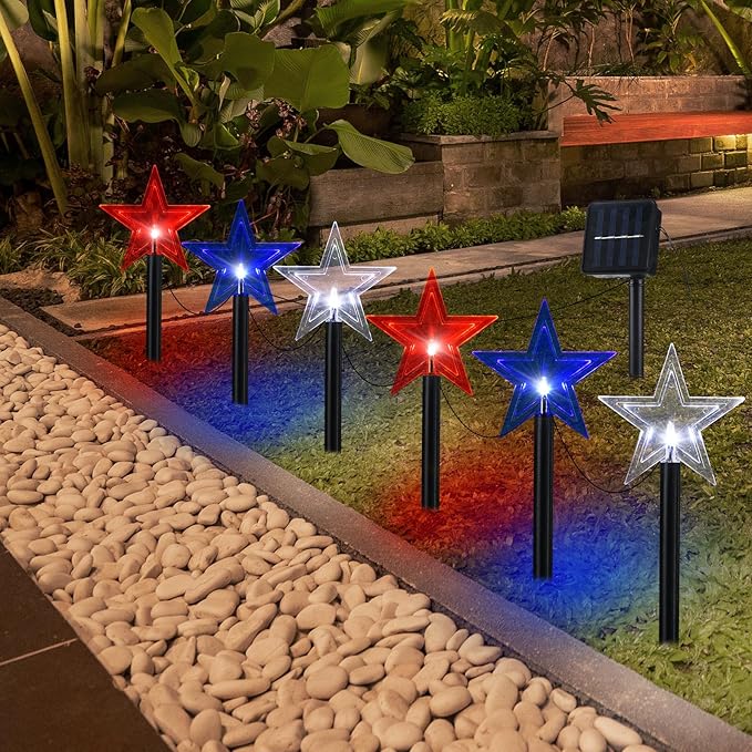 VIHOSE 12 Pcs 4th of July Star Stake Light LED Red White Blue Pathway Lights Markers Solar Waterproof Outdoor Lighted Decorations Independence Day Patriotic Decorations for Garden Yard Lawn