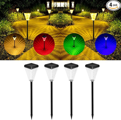 Solar Pathway Lights 4 Pack, 5 Modes Adjustable 3000K Warm White & RGB Fixed/Auto Changing, Smart Light Sensor IP65 Waterproof 200LM for Yard Lawn Garden Walkway