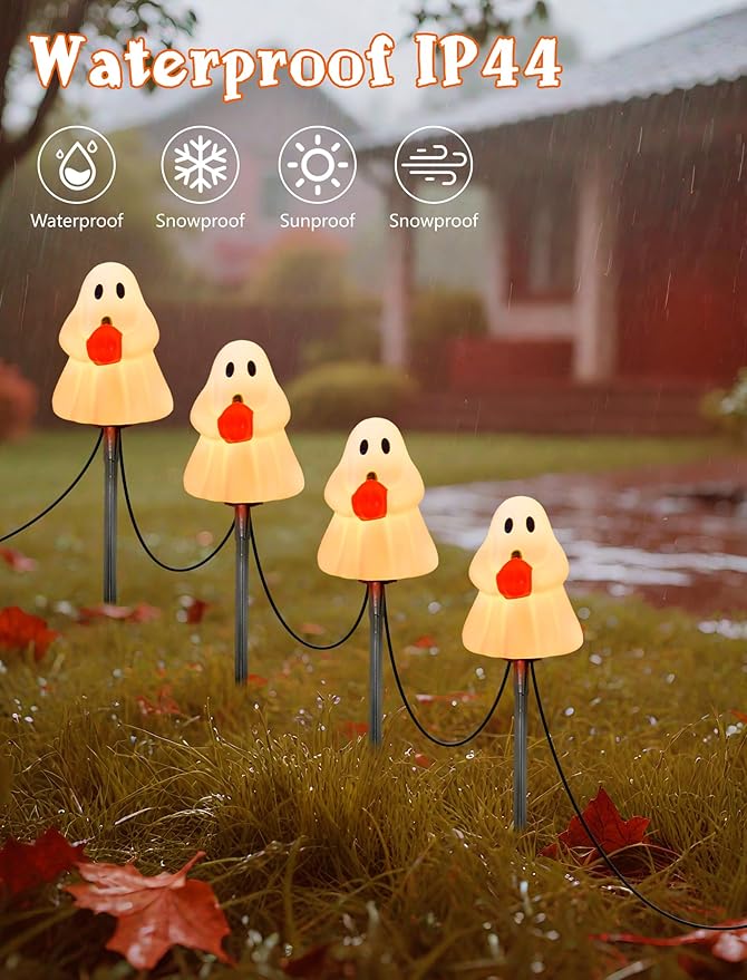 Halloween Ghost Pathway Lights Outdoor, 7Ft C7 Halloween Decorations Pathway String Lights with 4 Elves Holding Pumpkin Walkway Lights Waterproof, Plug-in Night Lights for Porch Yard Patio Garden