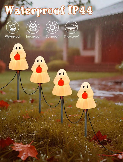 Halloween Ghost Pathway Lights Outdoor, 7Ft C7 Halloween Decorations Pathway String Lights with 4 Elves Holding Pumpkin Walkway Lights Waterproof, Plug-in Night Lights for Porch Yard Patio Garden