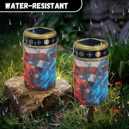 American Flag Solar Dusk to Dawn Lights Outdoor Waterproof Solar Memorial Lights for Graves Eternal Light Solar Powered Lighted Cross,Cemetery Decor Candle Lamp