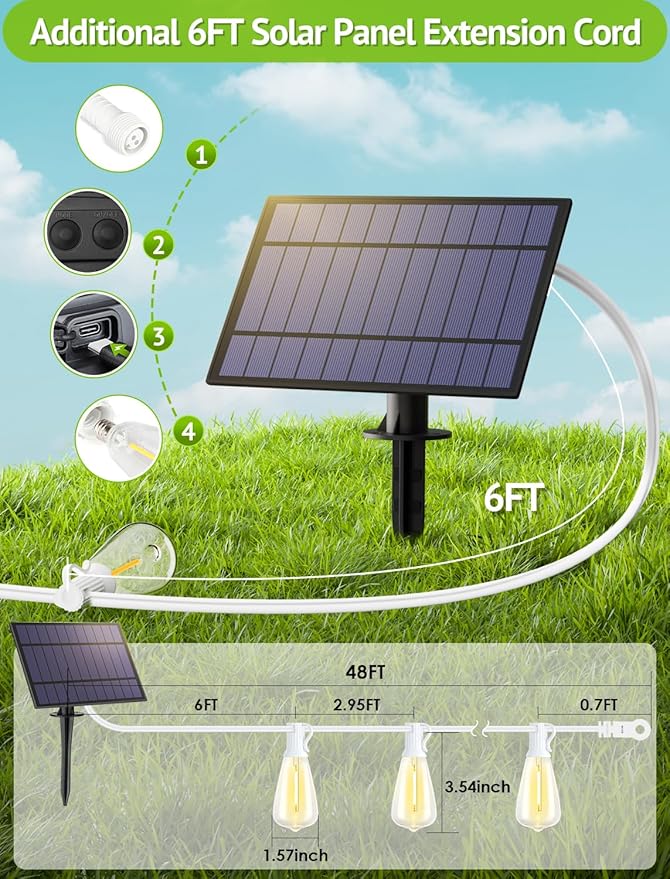 48FT Solar Outdoor String Lights with Remote & Timer, Shatterproof Dimmable 3 Modes Patio Lights with 15+1 ST38 LED | Lumora