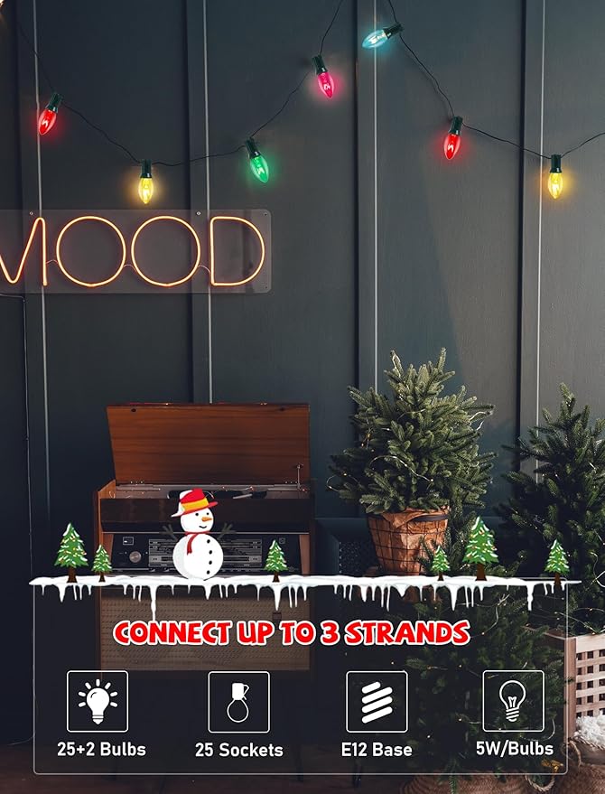 C7 Christmas Lights Outdoor, 25Ft Vintage Christmas String Lights with 27 Multicolor Clear Bulbs, Hanging Christmas Decorations Lights for Xmas Tree Roofline House Garden Patio Yard-Green
