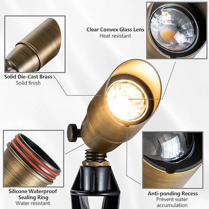 LumStory 4-Pack Solid Brass Landscape Light Low Voltage 12V Outdoor Brass Landscape Spotlight with 5W MR16 LED Bulb 3000K Warm White, IP65 Waterproof Landscape Up Lighting for Tree Garden Yard Pathway