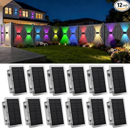 Solar Fence Lights Outdoor, New Up Down Lighting Fence Lights Solar Powered with 8 Modes Warm White/RGB, IP65 Waterproof Solar Wall Light for Backyard Wall Pathway Deck Patio Decor - 12 Pack