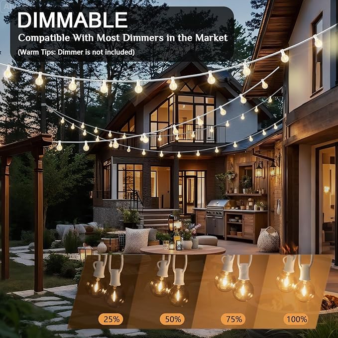 G40 LED Globe Outdoor String Lights 25FT, Waterproof & Shatterproof with 25 Clear Plastic Bulbs (2 Spare), for Cafe Bistro Porch Garden Balcony Party Decor (Warm White-White, 25FT)
