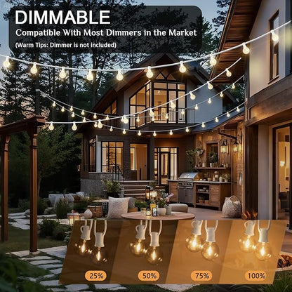 G40 LED Globe Outdoor String Lights 25FT, Waterproof & Shatterproof with 25 Clear Plastic Bulbs (2 Spare), for Cafe Bistro Porch Garden Balcony Party Decor (Warm White-White, 25FT)
