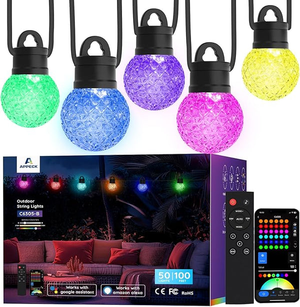 APPECK Outdoor String Lights 100FT, RGBW Smart Patio Lights with 111 Scene Modes, Christmas String Lights with 50 | Lumora