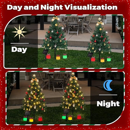 2 Pack Solar Mini Christmas Tree Decorations Lights, 30 Inch 8 Flashing Modes Waterproof Xmas Decor, 60 LED Lights with Ornaments 6 Lighted Gift Boxes for Porch Pathway Yard Garden (Warm White)