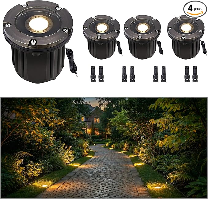 Gardenreet Landscape Well Light - Brass Low Voltage Ip65 Waterproof In-Ground Lighting, Outdoor 12V LED Wired Fixture, Antique Bronze for Lawn Walkway Wall Without MR16 Bulb