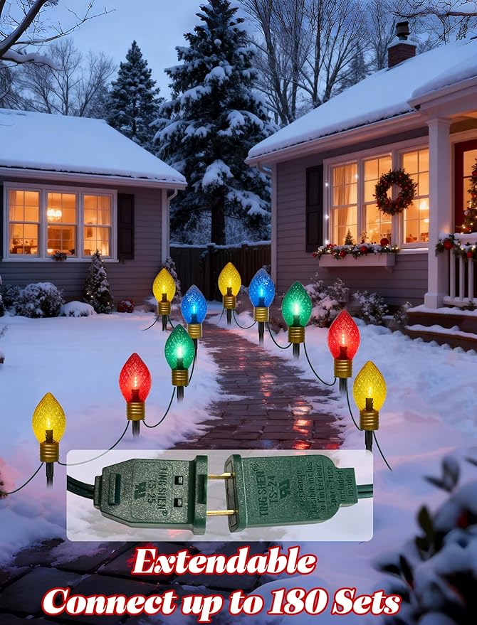 2 Pack Jumbo C9 Christmas Pathway Lights Outdoor, 7FT LED With Marker Stakes, Diamond Pattern Multicolor Light Bulb for Lawn Yard Garden Christmas Decor