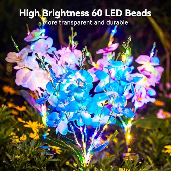 KOOPER Solar Lights Outdoor Garden, 3PCS Upgraded Phalaenopsis Solar Flower Lights Outdoor with 180 LEDs, Multi-Color Grave Decorations for Cemetery, Outdoor Solar Lights for Yard, Gifts for Women