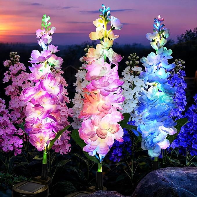 GIGALUMI Solar Lights Outdoor for Garden Decor, 3 Pack Solar Flower Lights Waterproof, 2 Lighting Modes Delphinium for Pathway,Yard, Patio Decoration, Gardening Gifts for Women (Multi-Colored)
