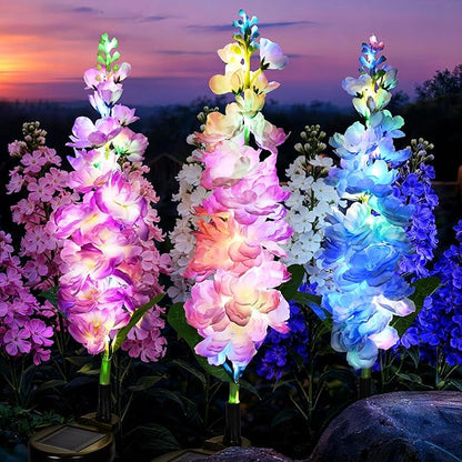 GIGALUMI Solar Lights Outdoor for Garden Decor, 3 Pack Solar Flower Lights Waterproof, 2 Lighting Modes Delphinium for Pathway,Yard, Patio Decoration, Gardening Gifts for Women (Multi-Colored)