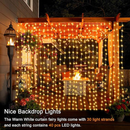 ZAIYW 1200 LED Curtain Lights 10x10Ft, Plug in Fairy Curtain Lights with Timer Remote Control Outdoor Curtain String Lights Waterproof for Patio Wedding Xmas Home Decor (Warm White)