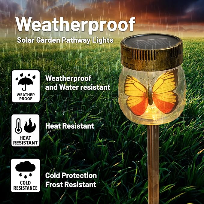 Crosslight Solar Butterfly Jar Stake Light | 3 Pack Waterproof Glass Outdoor Garden Décor | LED Decorative Light Fixture for Yard, Lawn, Backyard, Pathway | Solar Outdoor Lights Decorative