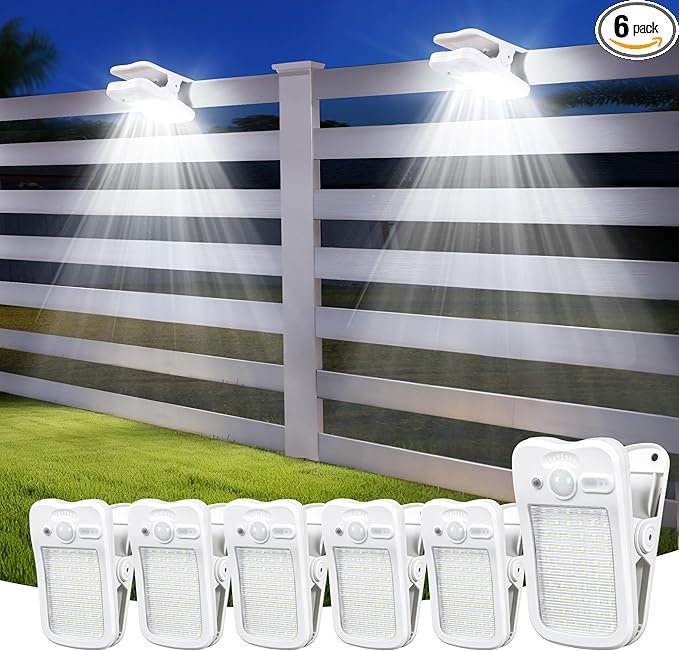 Clip on Solar Lights for Fence, 3 Modes Solar Motion Lights Outdoor Waterproof, 60LEDs 500LM Portable Security Light for Fence, Deck, Garage, Camping, USB Charging, 6 White