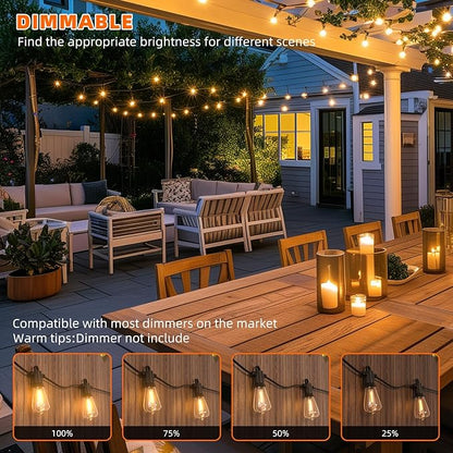 Kawaya Outdoor String Lights 50 FT LED Patio Lights with 25+2 Shatterproof Vintage Edison Bulbs 2700K Dimmable IP65 Waterproof Outside Hanging Lights and Extension Cords 16FT