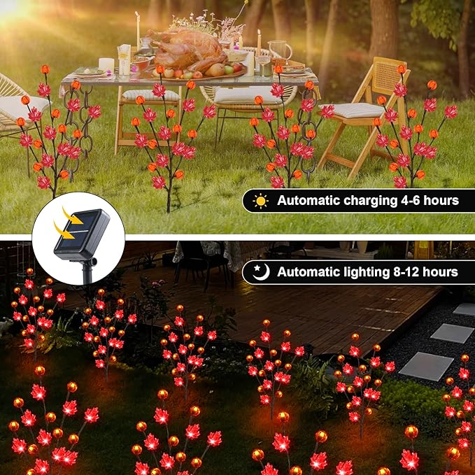 Solar Garden Path Lights for Fall Decorations,4PACK 80LED RED Maple Leaf Pumpkin Tree with Thanksgiving Party Gifts Decor,Maple Pumpkin Decor for Home,Thanksgiving Day Outdoor/Indoor Use