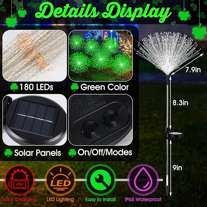 4 Pcs St Patricks Day Solar Lights Solar Firework Lights Decoration 180 LED 8 Modes Waterproof LED Stake Sparkler Decor for Irish Walkway Pathway Driveway Garden Patio Yard Lawn(Green)