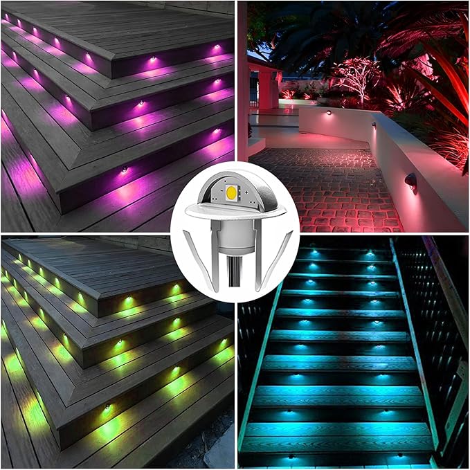 10 Pack LED Stair Lights Kit Outdoor 1-2/5" 0.2W-0.4W Low Voltage Waterproof IP65 Multi-Color RGB Recessed Wood LED | Lumora