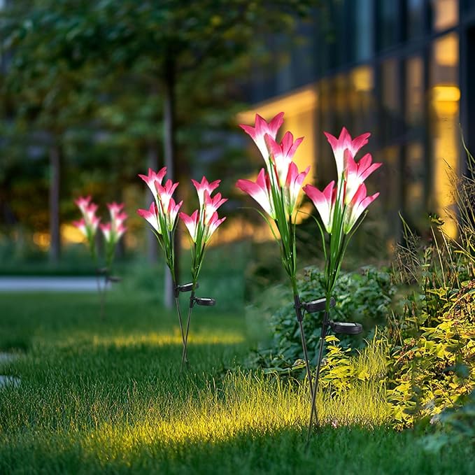 Outdoor Solar Lights, 2 Pack Solar Garden Lights with Lily Flowers, Waterproof Garden Light Outdoor - Yard Decorations for Patio Yard Decoration (Pink)