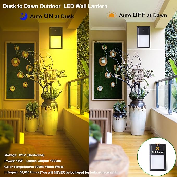 LIT-PaTH Dusk to Dawn Outdoor Wall Lantern, LED Wall Sconce for Porch Lighting Fixture, 12W 1000 Lumens, Aluminum Housing Plus PC, 2-Pack, 3000K-Black Finish