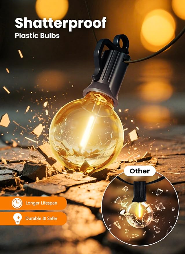 Outdoor String Patio Lights, 50FT 50 LED Patio Lights Waterproof, Connectable Shatterproof Hanging Outside String | Lumora