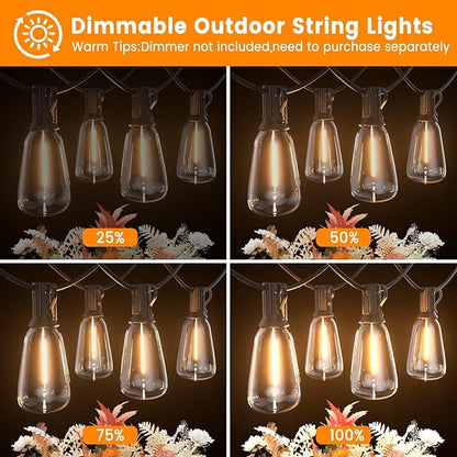LED Outdoor String Lights 50ft ST38 Waterproof Patio Lights with 25 Vintage Shatterproof Bulbs(2 Spare), Dimmable Outside Hanging Edison String Lights for Backyard Porch Balcony Decor, Warm White