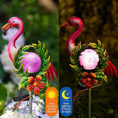 Solar Globe Lights for Garden Decoration,40.9 Inch Flamingo Front Porch Decor with Cracked Glass Puck Light for Outside Patio Pathway Yard Decoration