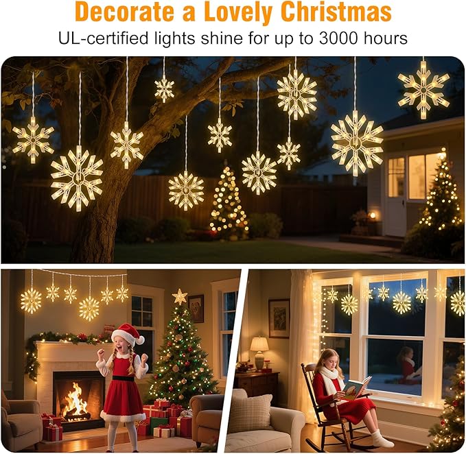 Snowflake Christmas String Lights with 9 Drops - 13ft 150 Mini Bulb Icicle Lights with Hooks, Plug-in Connectable Hanging Lights for Christmas Home Indoor Outdoor Party Wedding Holiday Décor, 2 Pack