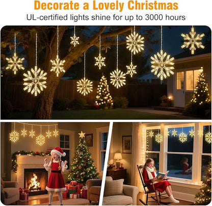 Snowflake Christmas String Lights with 9 Drops - 13ft 150 Mini Bulb Icicle Lights with Hooks, Plug-in Connectable Hanging Lights for Christmas Home Indoor Outdoor Party Wedding Holiday Décor, 2 Pack