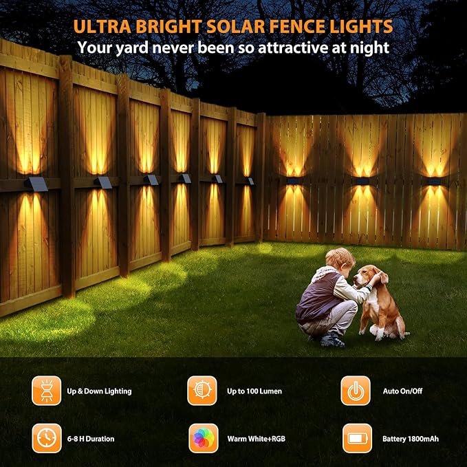 Solar Fence Lights,12 Pack Solar Lights Outdoor Warm White + RGB Up & Down Solar Wall Lights Waterproof 100 Lumens | Lumora