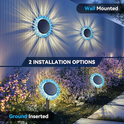Solar Sunflower Lights - Upgraded 2-in-1 Solar Ground/Wall Lights, 6 Pack, Blue-Warm White, Outdoor Garden Courtyard Terrace Balcony Fence Path Decoration