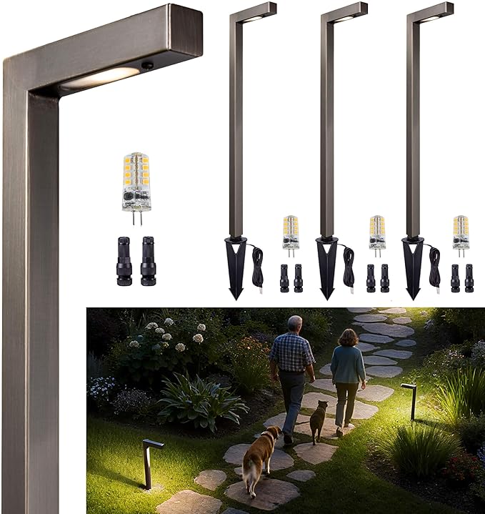 Gardenreet Brass Hardwired Landscape Path Lights, 12V Low Voltage Pathway Light IP65 Waterproof, Outdoor Walkway Lighting Wired, LED Bronze for Patio Lawn with 3W 3000K Soft White G4 Bulb (4 Pack)