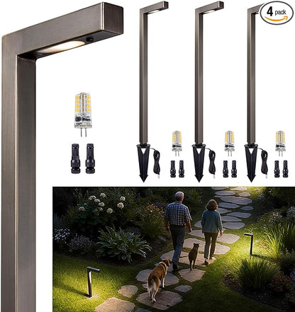Gardenreet Brass Low Voltage Path Lights, Waterproof Landscape Pathway Light, 12V LED Outdoor Bronze L Shape Walkway Lamp for Driveway Yard Garden with 3W 270LM 4000K G4 Bulb 4 Pack