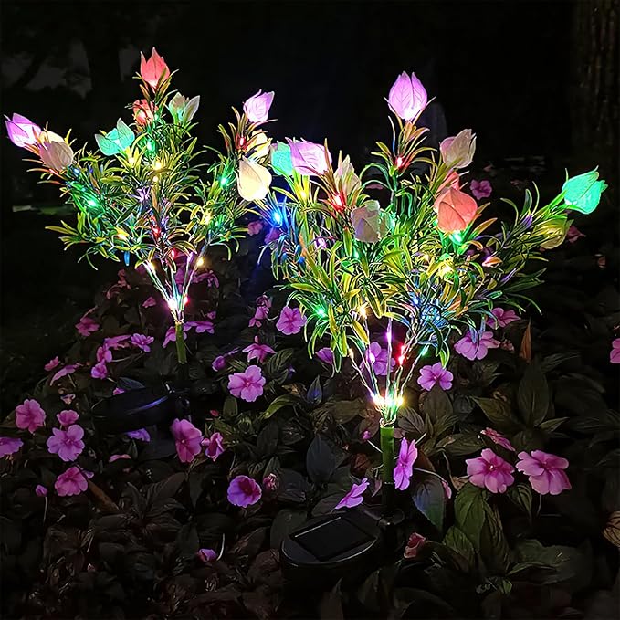 Solar Garden Lights Outdoor, Colorful Waterproof Decorative Solar Lights Outdoor 2 Pack with 2 Modes, 35 LED Gardenias Flower Garden Decor Yard Patio Lawn, Gifts for Mother's Day Mom