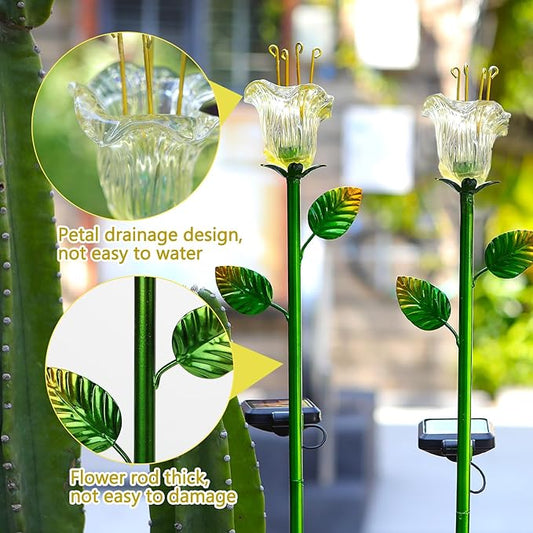 Solar Decorative Flowers 2 Pack - Waterproof Yellow Glass Lily Flower Lights, Auto ON/OFF for Garden, Patio, Backyard