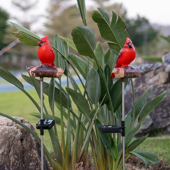 Cardinal Solar Lights Outdoor with Sound & Motion Sensor, Waterproof Red Bird Figurine Stake, Hand-Painted Memorial Garden Decor Gift for Mom Grandma