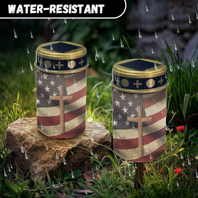 Across and American Flag Cemetery Solar Lights, Solar Powered Garden Stake Lights,Decorative Lights for Cemetery Grave Yard Patio Outdoor Decoration Memorial