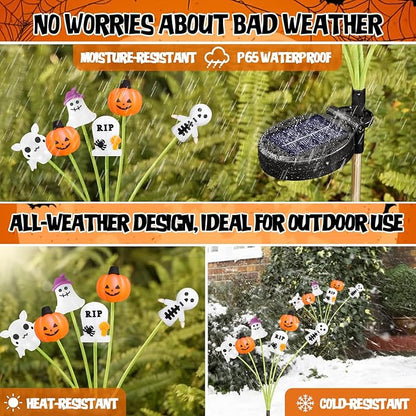 Halloween Solar Garden Lights Outdoor, 4 Pack 24 LED Firefly Swaying Lights with Pumpkin Ghost Skeleton Tombstone Decor, 6 Heads Waterproof Pathway Yard Lawn Graveyard Decorations(4 Pack-HW LEDs)