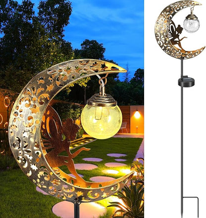 Solar Garden Lights Waterproof Warm White LED Metal Decorative Lights Moon Fairy Crackle Glass Stake Outdoor Pathway Solar Powered Garden Decorations for Walkway Lawn Patio Yard