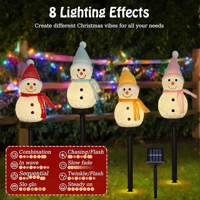 Lewondr Snowman Christmas Decorations Lights, 4PCS Solar Lighted Snowman with Garden Stakes, Waterproof Garden Lawn Pathway with 8 Lighting Modes, Solar Christmas Lights Decor for Yard Outdoor