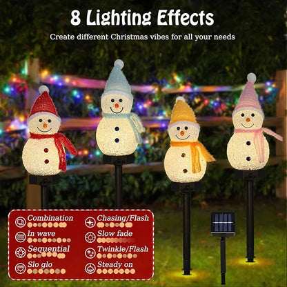 Lewondr Snowman Christmas Decorations Lights, 4PCS Solar Lighted Snowman with Garden Stakes, Waterproof Garden Lawn Pathway with 8 Lighting Modes, Solar Christmas Lights Decor for Yard Outdoor